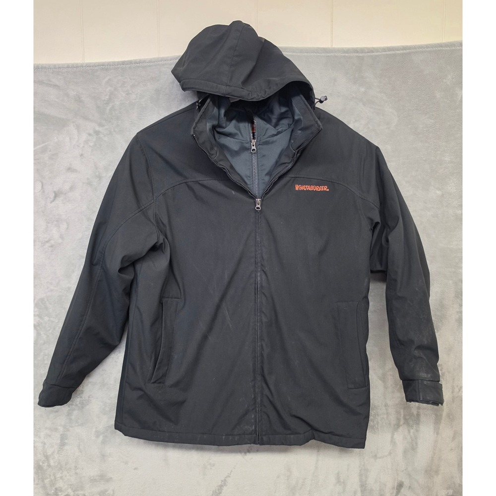 Whataburger Mens Black Softshell Hooded Jacket Quilted Lined Large Embroidered